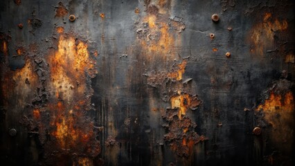 Dark, ominous, rugged, industrial black metal texture background with jagged edges, scratches, and rust spots, evoking a sense of intensity.