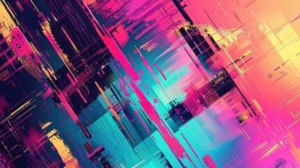 A retro abstract background with pixelated patterns and bright, neon colors