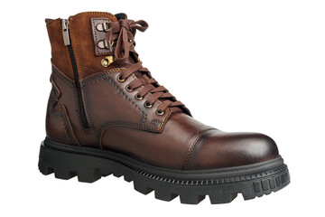 Tall men's leather boots isolated on a white background: stylish and reliable shoes for men of any age