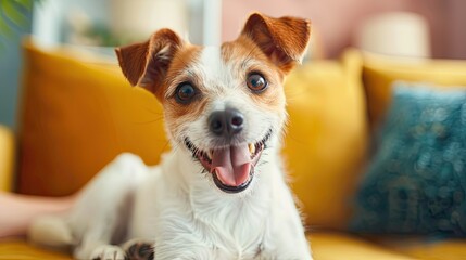 A small dog with a big smile, sitting on its owner's lap in a cozy living room with colorful decor