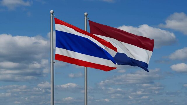 Netherlands and Thailand flags flying together, video concept of the relationship, two country relations concept