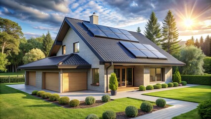 Newly constructed modern house with sleek gray roof and solar panels, set amidst lush green trees and blue sky background.