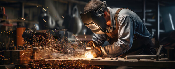 Factory welder with Torch welding part in metal industry.