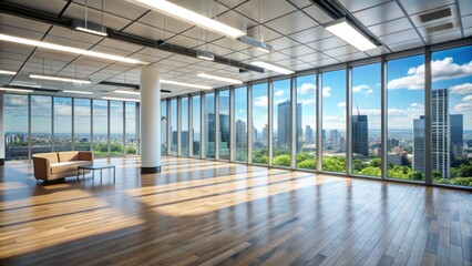 Obraz premium Modern sleek bright office interior empty space with natural light flooding through floor-to-ceiling windows awaiting tenant move-in.