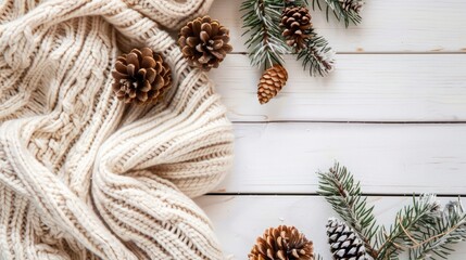 Holiday arrangement: knitted blanket, pine cones, fir branches on white wood. Flat lay, top view, blank space