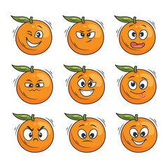 Funny cartoon orange fruit emoticons. Vector illustration isolated on white background.