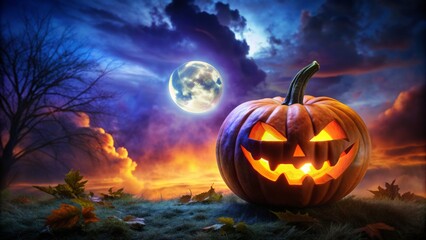 Obraz premium Ominous orange pumpkin jack-o-lantern with sinister glow against a foreboding dark blue and purple gradient spooky night sky background.