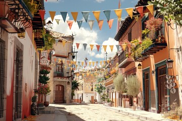 Naklejka premium ai generative Latin city street alley decorated with colorful flags