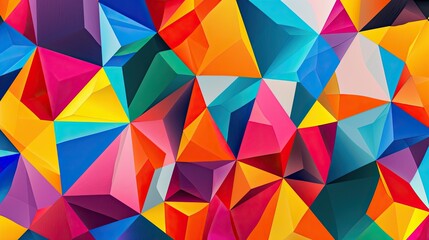 A vibrant geometric background with overlapping triangles in various bright colors