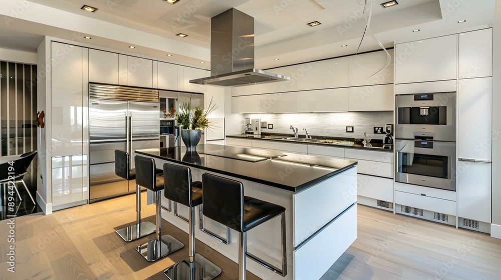 Wall mural The kitchen features a minimalist design featuring white