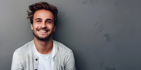 Obraz premium Silver background Happy european white man realistic person portrait of young beautiful Smiling man good mood Isolated on Background Banner