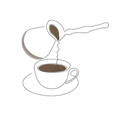simple drawing Turkish coffee pot and coffee mug with plate drawn in one solid line on white background