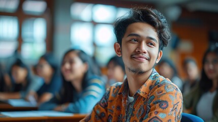 Obraz premium A young man with a smile on his face is sitting in a classroom with other students
