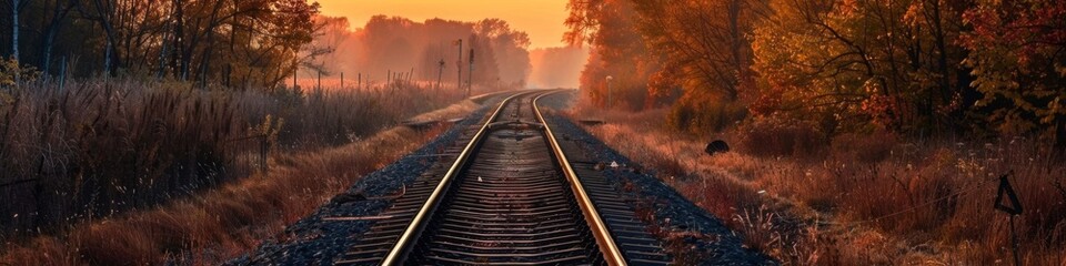Fototapeta premium Tranquil Sunrise Over Railway Tracks: Efficient Transportation Infrastructure at Dawn. AI-Generated 4K Wallpaper Showcasing Well-Maintained Rail System, Golden Hour Lighting, and Serene Landscape for 