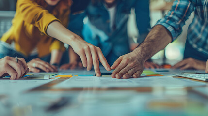 Fashion designers doing a hand stack at a meeting copy space . Generative AI