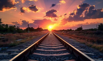 Fototapeta premium Tranquil Sunrise Over Railway Tracks: Efficient Transportation Infrastructure at Dawn. AI-Generated 4K Wallpaper Showcasing Well-Maintained Rail System, Golden Hour Lighting, and Serene Landscape for 