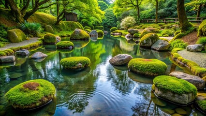 Serene landscape features a harmonious arrangement of smooth stones in a pond surrounded by lush green moss-covered rocks.