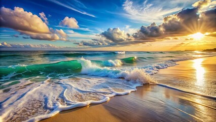 Naklejka premium Serene ocean waves gently crash against the shore, surrounded by sea foam, capturing the essence of a peaceful summer getaway.