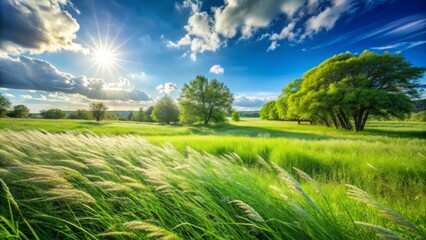 Serene verdant meadow with lush green blades of grass swaying gently in the breeze under a clear blue sky.