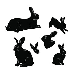 Rabbits black silhouette set isolated on white background. Vector illustration