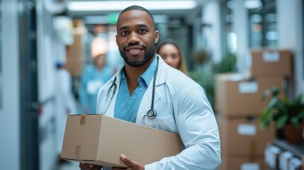 Fototapeta premium Doctor with boxes in a healthcare facility hallway.