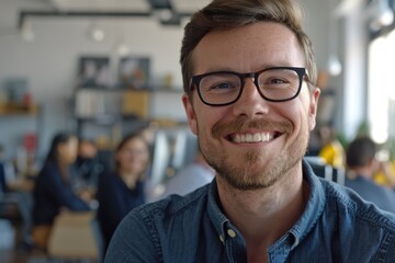 Happy millennial businessman in office with diverse team. Leadership concept.
