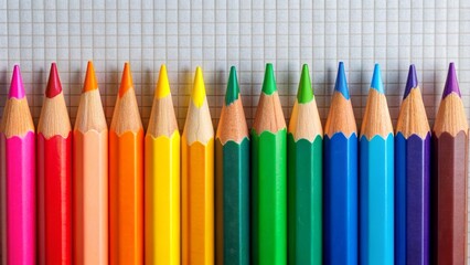 Fototapeta premium Colorful pencils in a row on a lined paper background, symbolizing learning, education, and organized creativity for the new academic year.