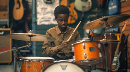 A young man is playing drums in a music studio