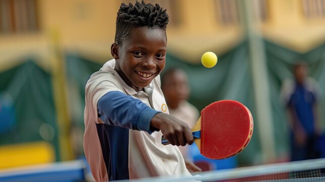 A young boy is playing ping pong with a yellow ball
