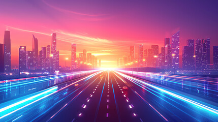 Fototapeta premium Dynamic city scene with cars on the road, bright lights, and contemporary buildings
