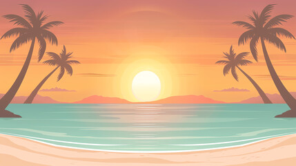 Exotic beach landscape with palm trees arching over clear waves, and a radiant sun in the background