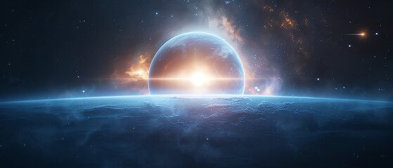 Luminous outer space scene with majestic planets, a starry backdrop, and a rocket hurtling towards its destination