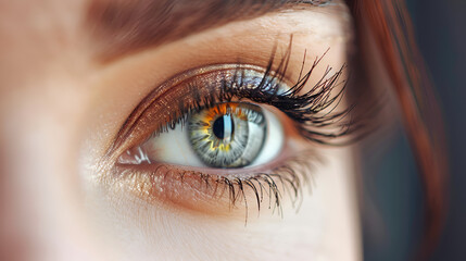 Female eye with long eyelashes close up copy space. Generative AI