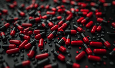 Fototapeta premium Striking Contrast: Red and Black Pills Scattered on Dark Surface. AI-Generated 4K Wallpaper Illustrating Medical Concepts, Pharmaceutical Industry, and Health Choices. Dramatic Visual Representation o