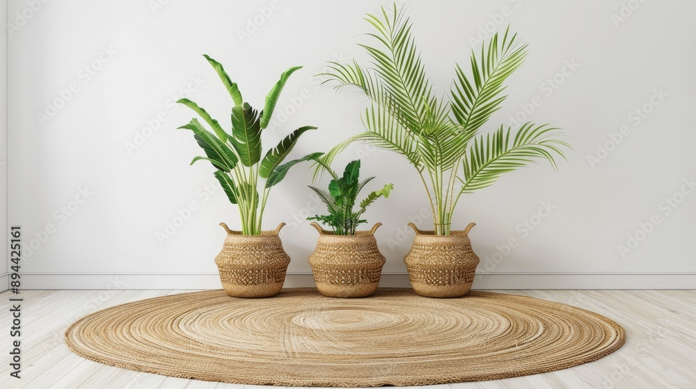 Canvas Prints Bohemian-style living room with green plants in wicker pots on a round carpet against a white wall, home decor concept