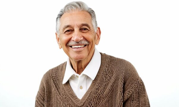 Lifestyle portrait video of a pleased Brazilian man in his 70s wearing a chic cardigan against a white background 