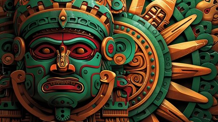 Obraz premium Aztec God Mask and Sun