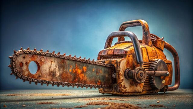Rusted, grimy, gasoline-powered chainsaw with worn handle and corroded metal components lies idle on a blank, muted-colored background.