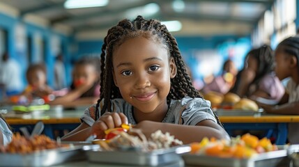 A young girl is sitting at a table enjoying healthy meals in school canteen