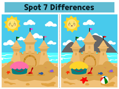 Sandcastle spot the differences game for preschoolers and kindergarten kids