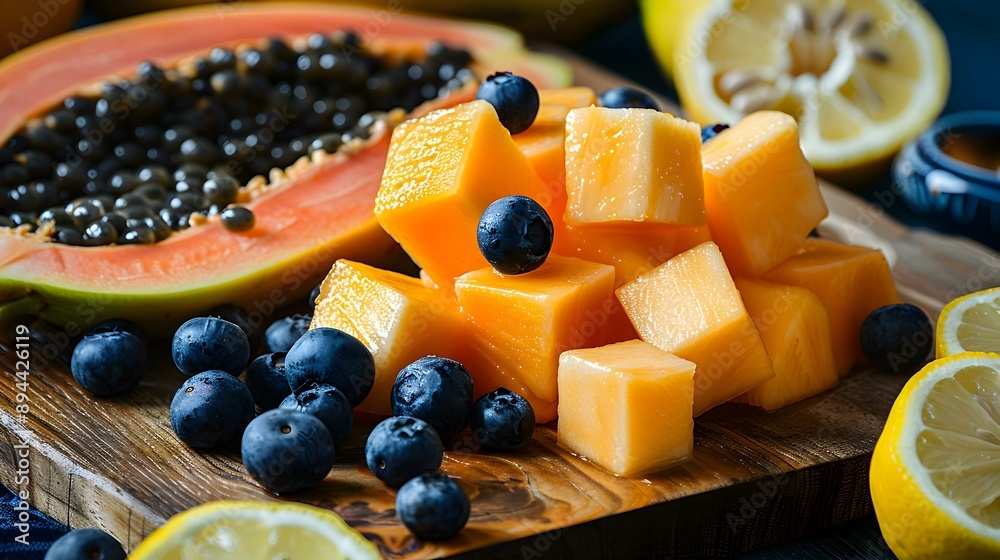 Wall mural Papaya cut into cubes and neatly arranged picture