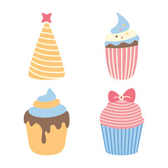 Cute Children Birthday Cupcake Vector Illustration Set