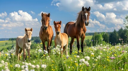 Obraz premium Ponies and foals standing on a green pasture