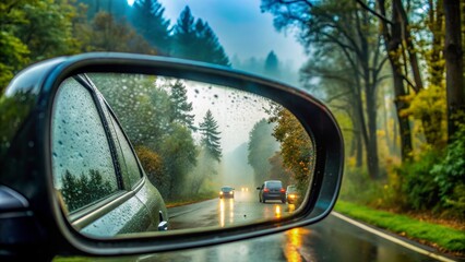 Obraz premium Foggy side mirror reflection of blurred vehicles and trees on a misty day, viewed from inside a car with condensation.