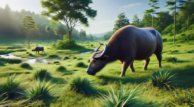 A water buffalo grazes in a lush, green meadow with other buffaloes in the background, surrounded by trees and hills.
