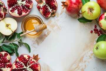 Rosh Hashanah symbolic foods: honey, apples, and pomegranates on