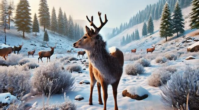 A herd of deer stands in a snowy mountain valley, surrounded by winter foliage and snow-covered trees under a clear sky.
