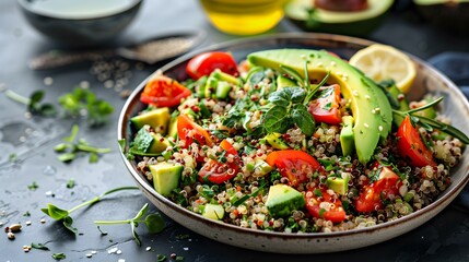 Quinoa salad with vegetables and herbs served