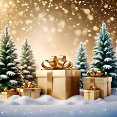 3D image of merry christmas and happy new year festive composition with realistic christmas trees, gifts box in snow drift, golden confetti. Xmas background winter, holiday design. vector illustration