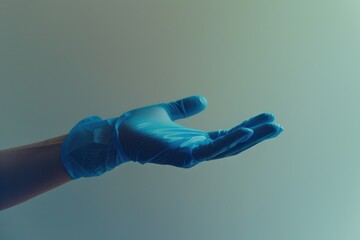 Blue gloved hand reaching up against dark background